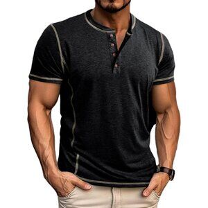 Mens Black Short Sleeve Henley Shirt Casual Button Tee Cotton Summer Top